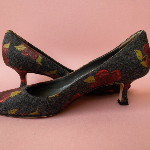 MANOLO BLAHNIK Grey Wool Low Kitten Heel Painted Rose Floral Red 36.5/6.5 - Picture 7 of 11